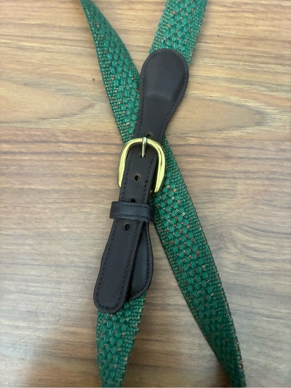 Vintage Green Woven Belt with Brown Leather and Brads Buckle